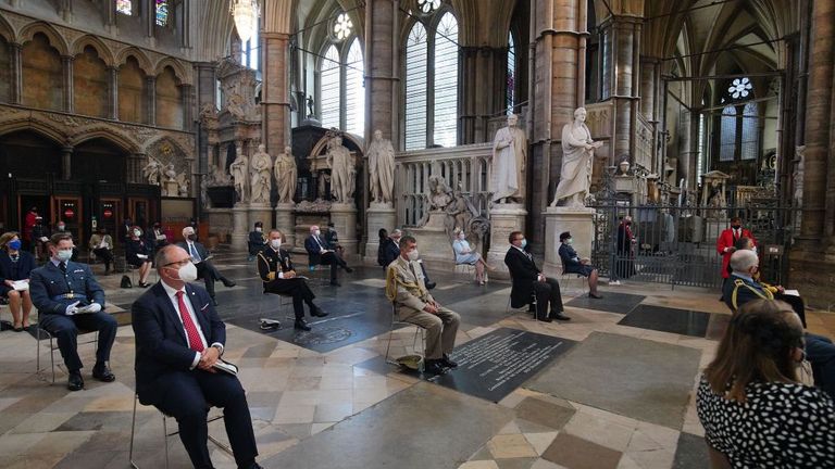 Social distancing and the wearing of face coverings are employed during a service marking the 80th anniversary of the Battle of Britain at Westminster Abbey in central London on September 20, 2020. - Westminster Abbey has played a central role in remembering the sacrifice of those who fought in the battle, holding a Service of Thanksgiving and Rededication on Battle of Britain Sunday every year since 1944. (Photo by Aaron Chown / POOL / AFP) (Photo by AARON CHOWN/POOL/AFP via Getty Images)
