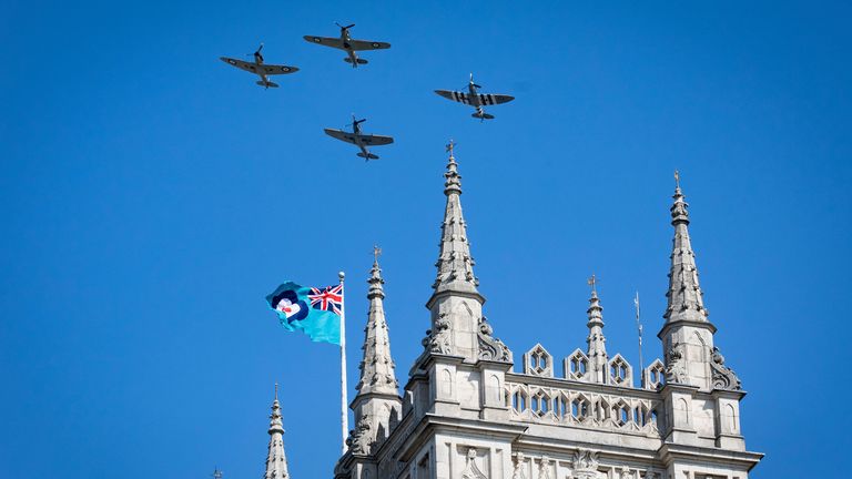 Spitfires and a Hurricane do a flyby of Westminster Abbey to mark the 80th anniversary of the end of the Battle of Britain
