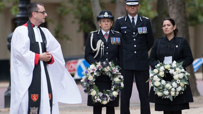 Metropolitan Police Commissioner Dame Cressida Dick, Home Secretary Priti Patel and London Mayor Sadiq Khan (not pictured) attend the National Police Memorial in London to mark National Police Memorial Day.
