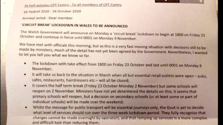 The leaked letter was first published by political blogger Bubble Wales