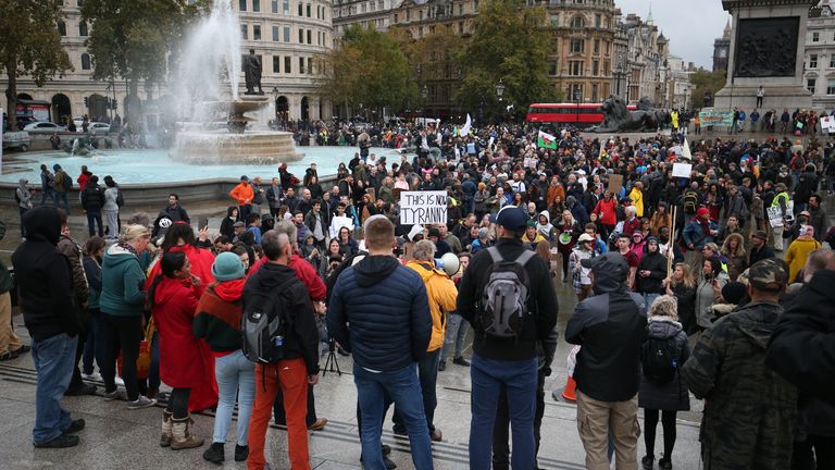 People protest against lockdown restrictions in Trafalgar Square