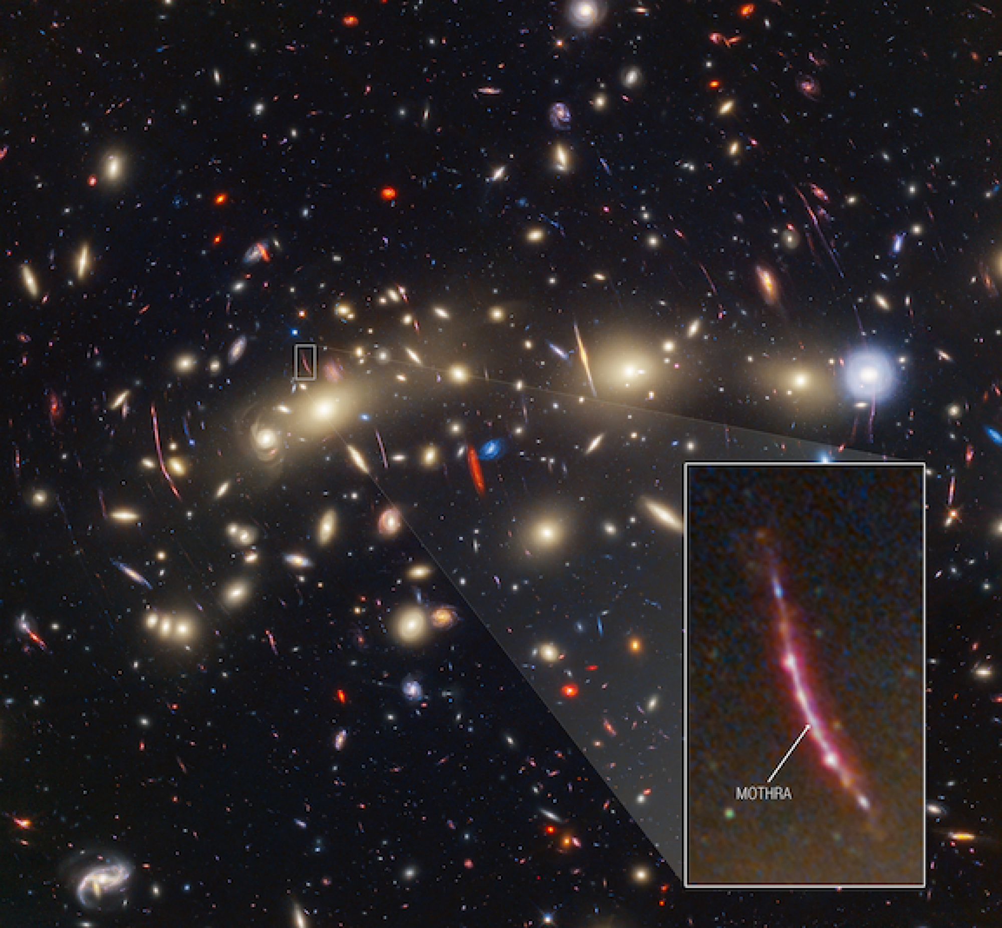 A zoomed-in view of a gravitationally lensed galaxy.
