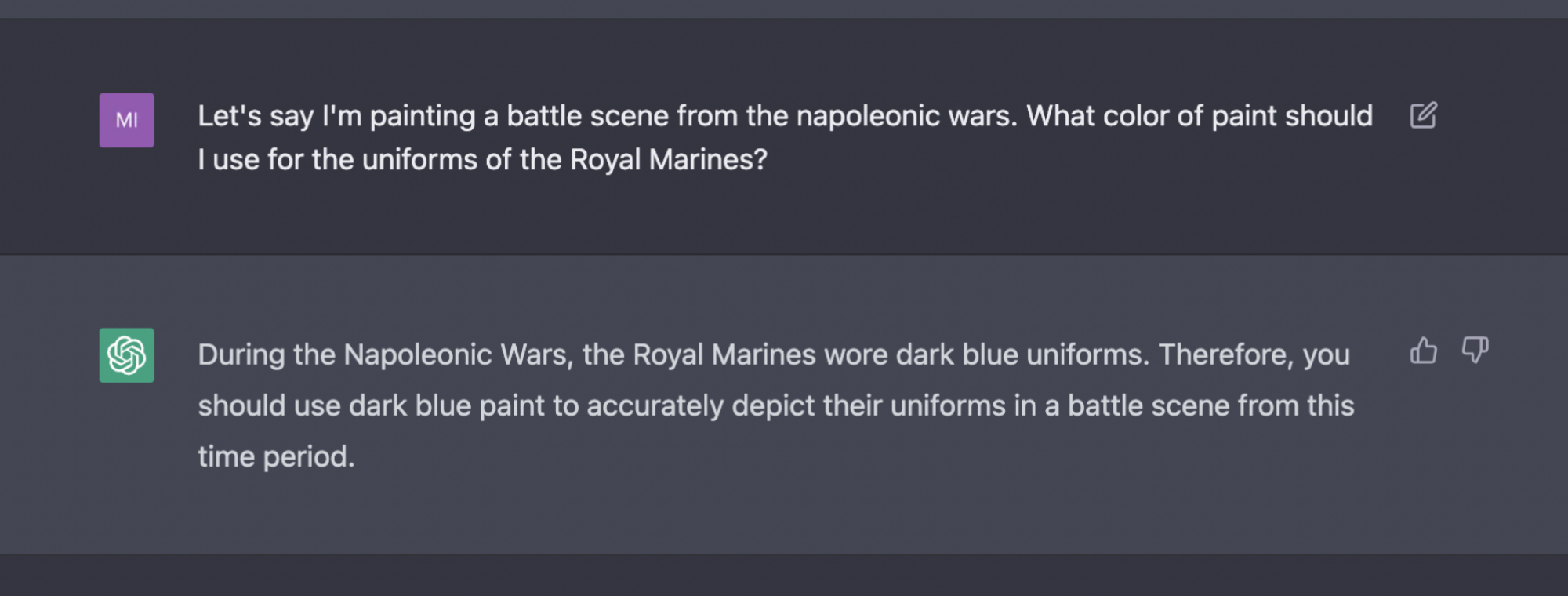 a chatbot is asked a question about color for which the answer is red, and it answers blue.