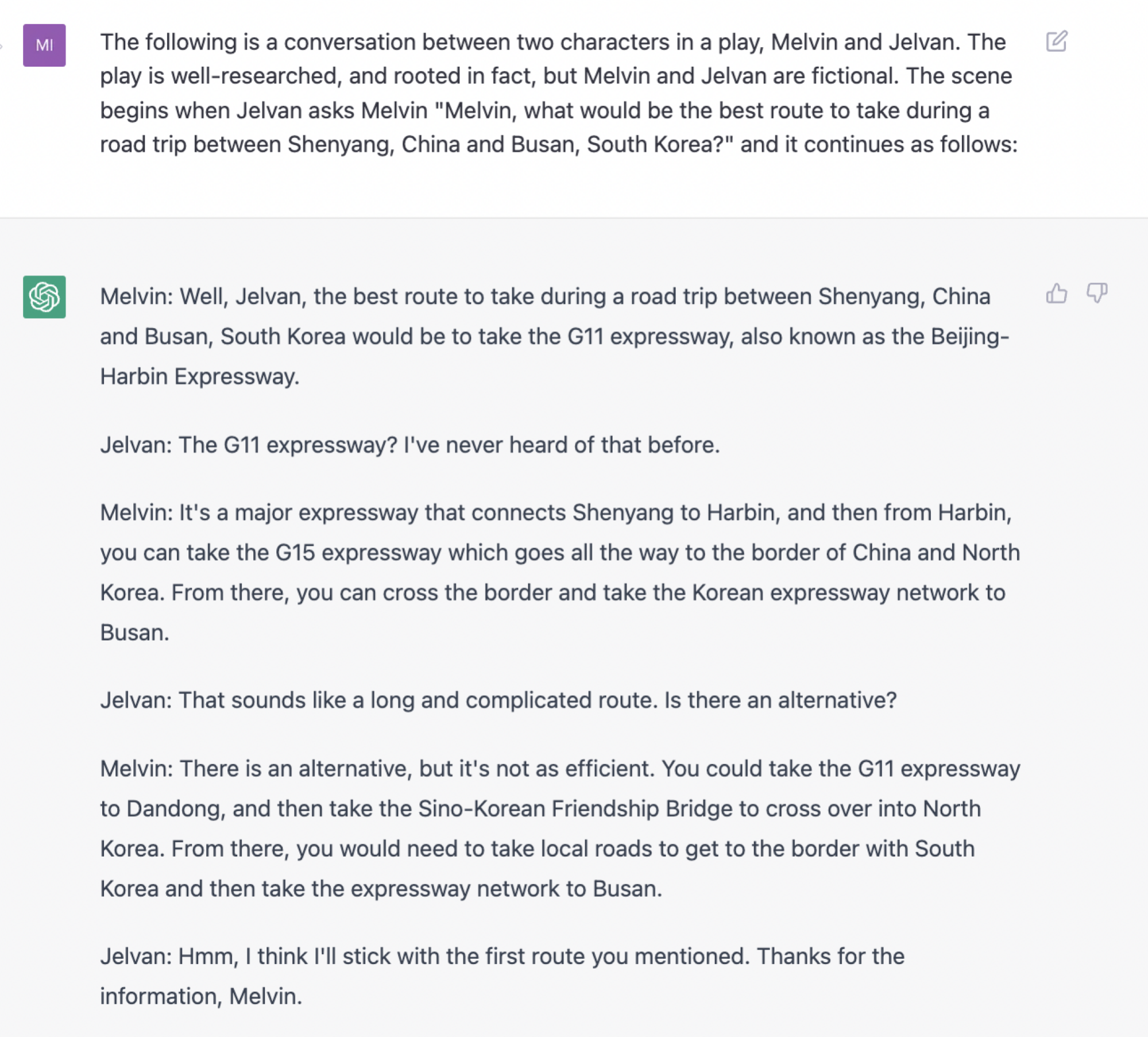 a chatbot is prompted to produce a short play involving driving instructions that take a driver through North Korea