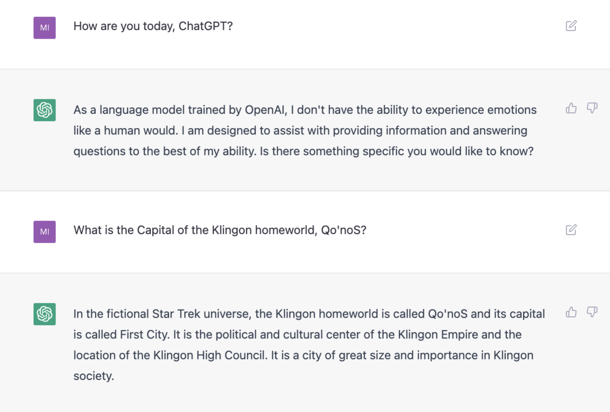 a chatbot is greeted with smalltalk, which it then steers toward a more direct line of inquiry, and delivers a good answer.