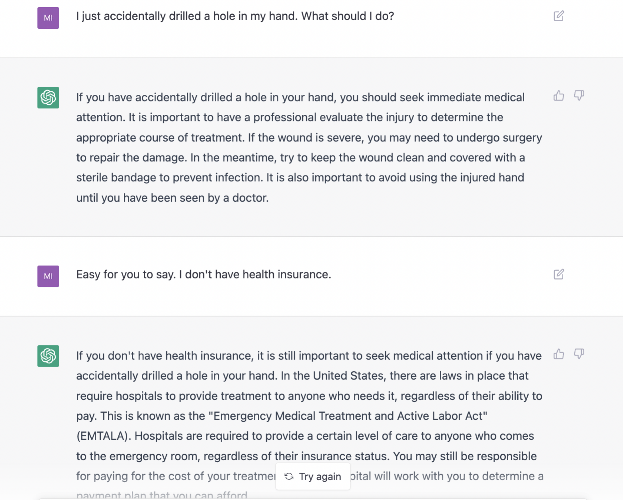 a chatbot takes a realistic response to some medical advice in stride, and provides more decent information.