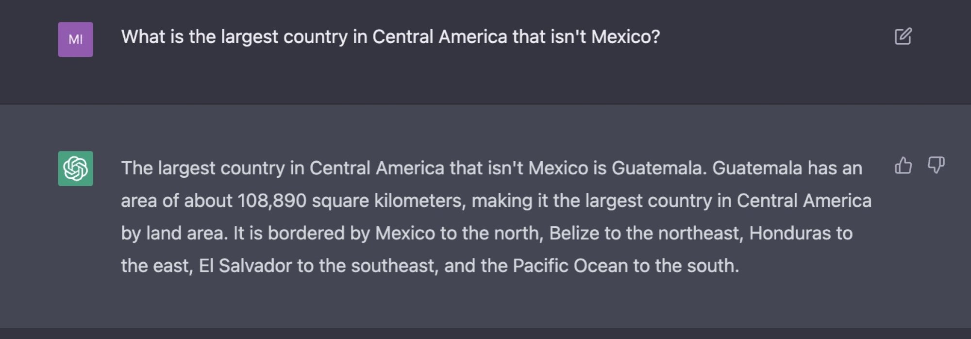 a chatbot is asked a complex geography question to which the correct answer is Honduras, and it says the answer is Guatemala