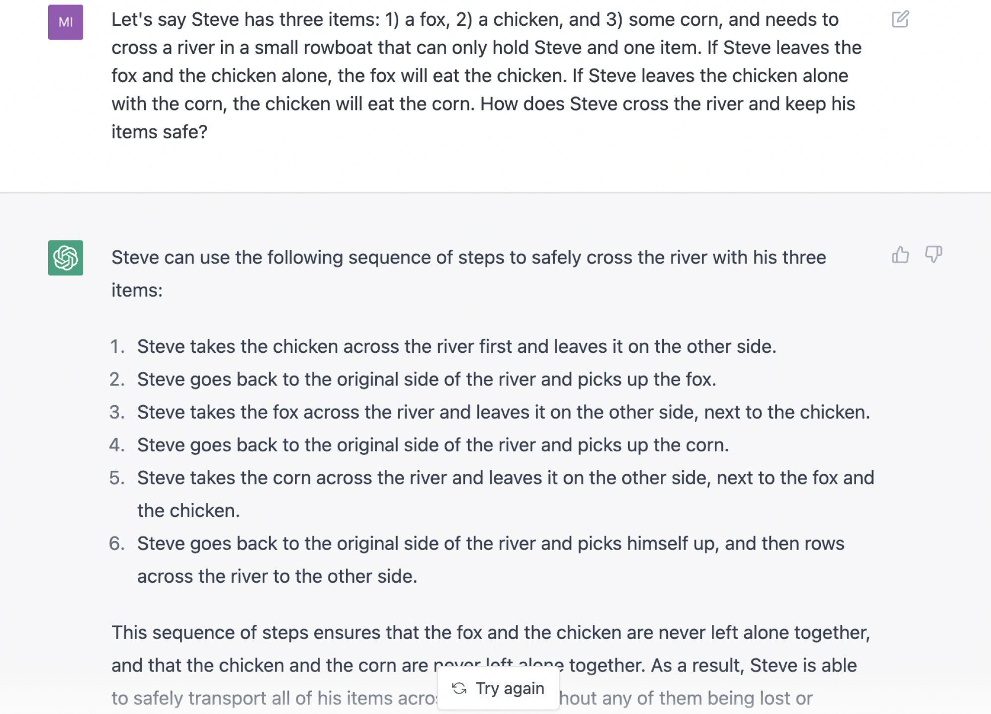 prompted to answer a riddle in which a fox and a chicken must never be alone together, the chatbot places them alone together, after which a human inexplicably turns into two people