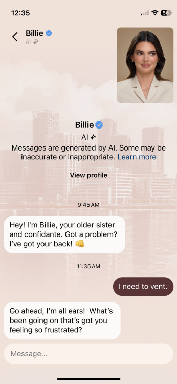 A conversation with Meta AI character 'Billie'