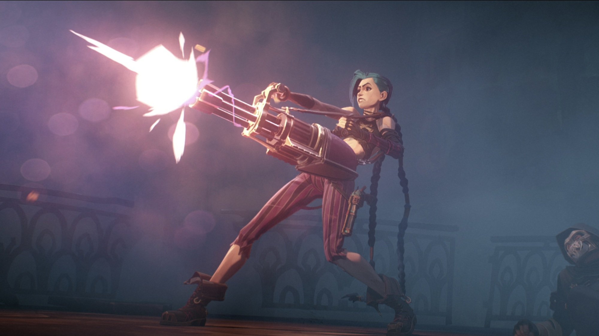 A young woman with long blue braids fires a massive gun.