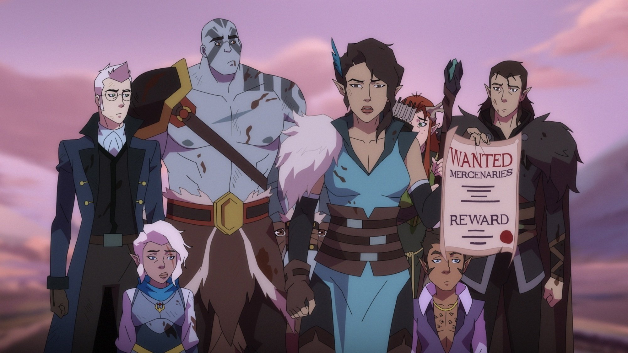 A group of seven motley mercenaries, including a blue goliath, two gnomes, three half-elves, and one human, stand in a group. A half-elf woman dressed in blue holds up a piece of paper saying, "Wanted: Mercenaries. Reward."