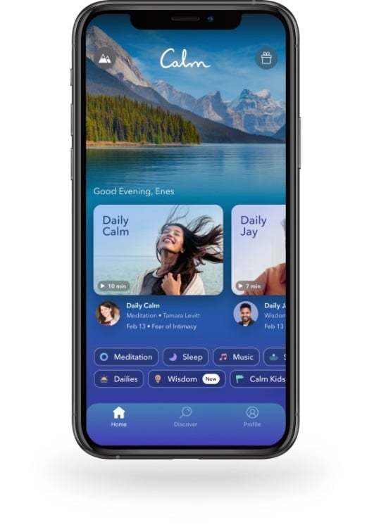 Calm app homepage on screen of a smartphone