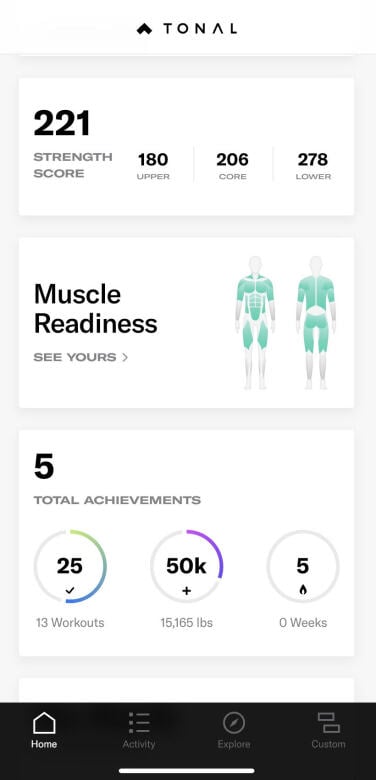 screenshot of tonal app showing strength score