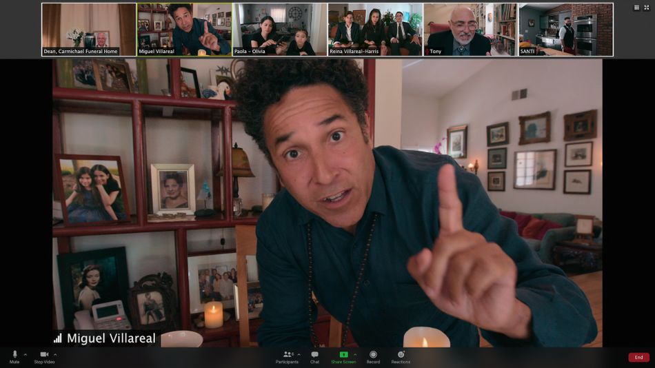Oscar Nuñez, Camila Perez, Gianna Aragon, Luca Costanzo, Daphne Rubin-Vega, Tom Costanzo, Miguel Sandoval, and Guillermo Diaz as the grieving Villareal family in Netflix's "Social Distance."