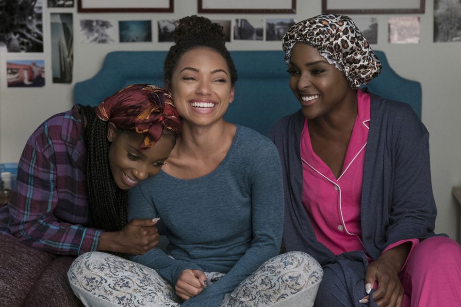 Joelle (Ashley Blaine Featherson), Sam (Logan Browning), and Coco (Antoinette Robertson) take a brief break from their consuming college lives in "Dear White People."