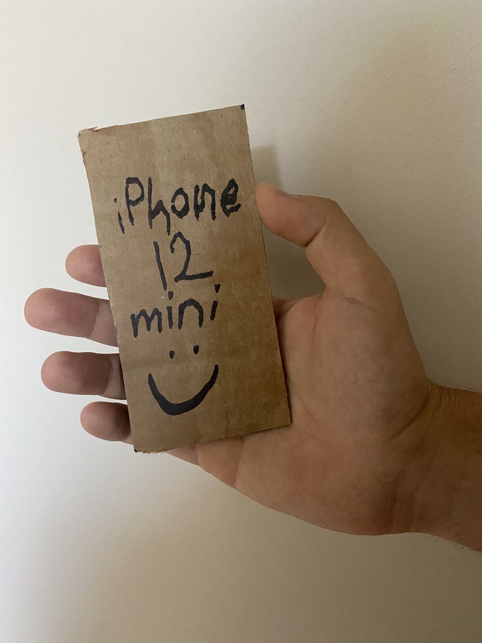 iPhone 12 mini in macho man hands.