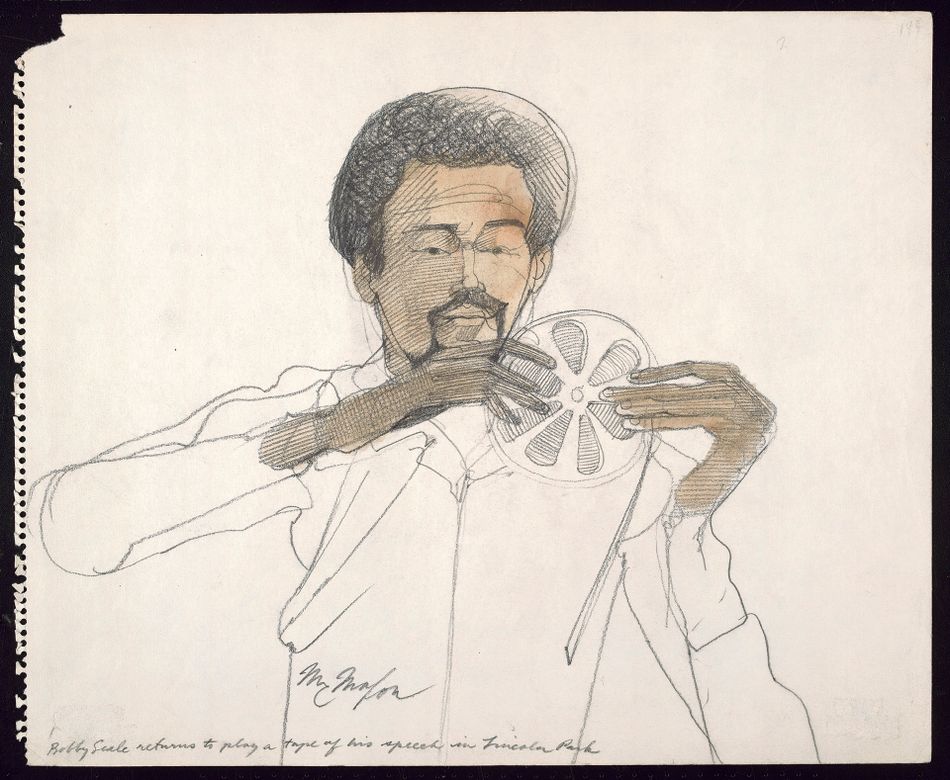 A courtroom sketch of Bobby Seale during the trial.