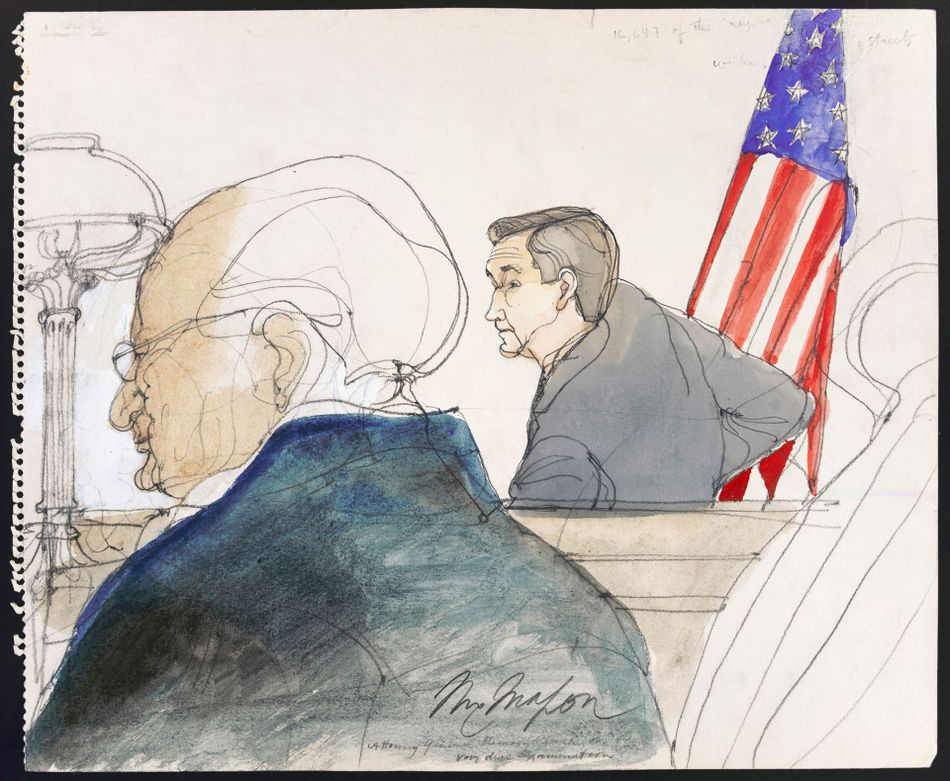 Former U.S. attorney general Ramsey Clark (right) sits at the witness stand while Judge Julius Hoffman (left) presides.