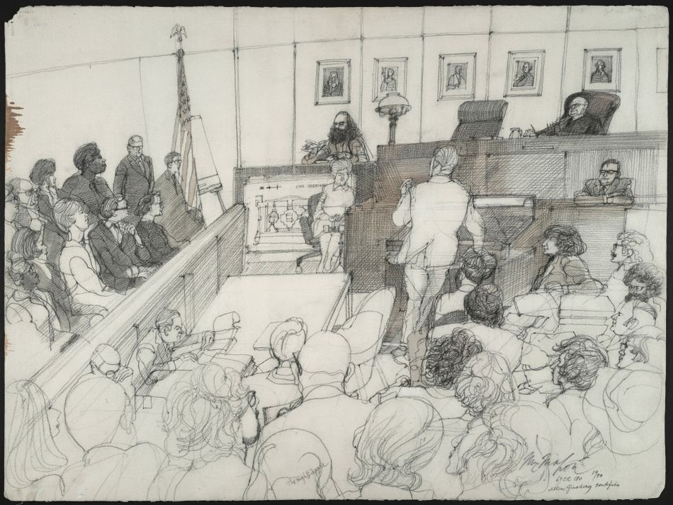 Allen Ginsberg answers questions from the witness stand in a courtroom sketch.