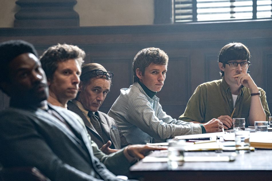 The Trial of the Chicago 7: The Chicago 7 and their lawyers — along with an eighth defendant, Bobby Seale (Yahya Abdul-Mateen II, far left) — in court.